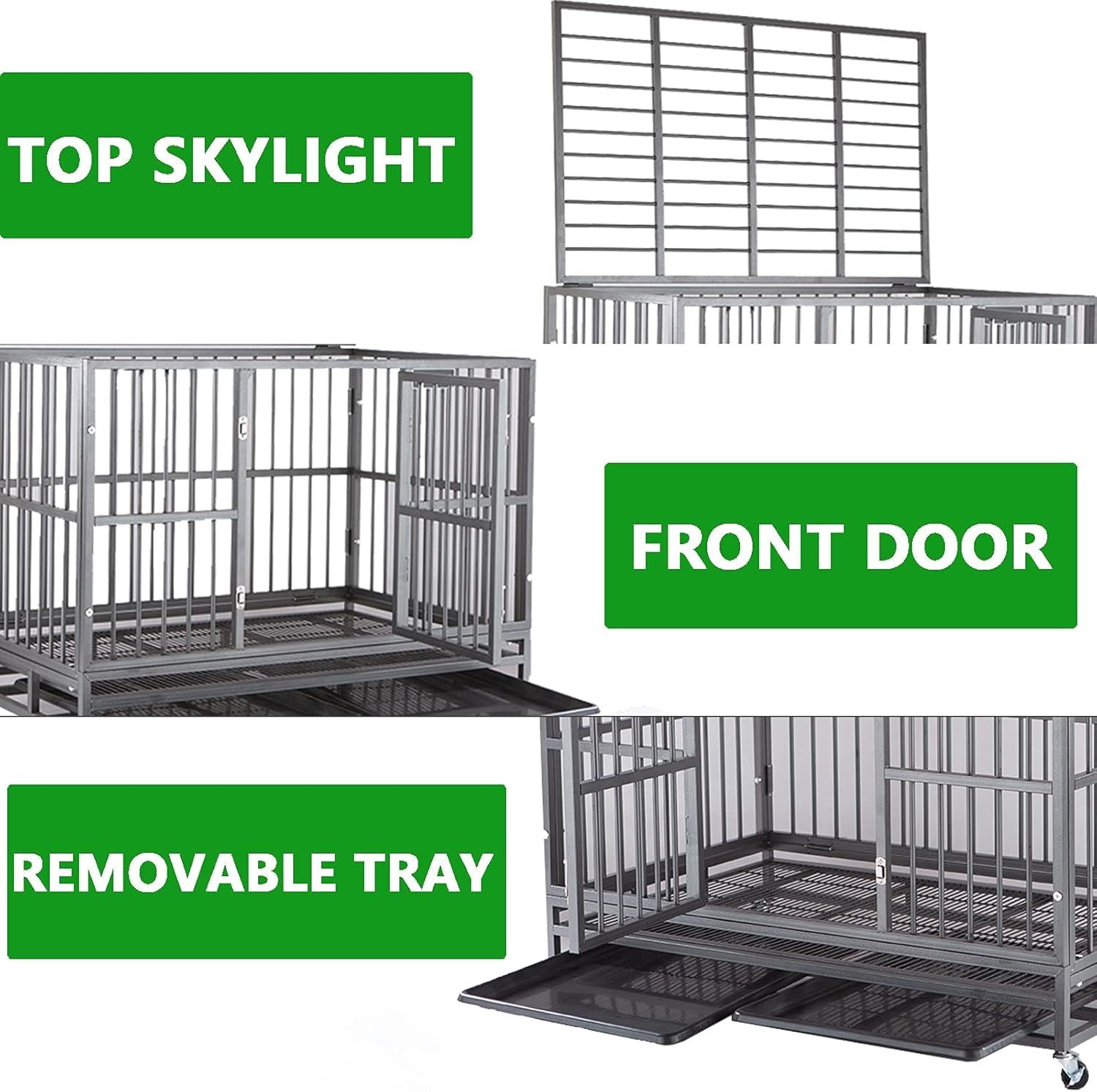 46-Inch Heavy-Duty Indestructible Dog Crate with Wheels, Escape-Proof Kennel for Large Dogs, Extra Large XXL Indoor Dog Crate with Secure Lock and Double Door Removable Tray