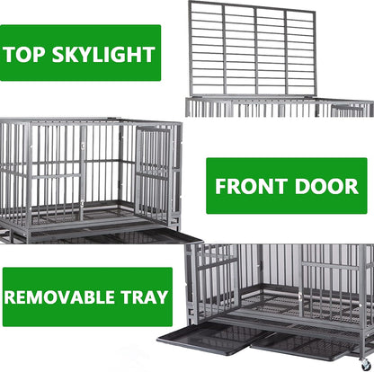 46-Inch Heavy-Duty Indestructible Dog Crate with Wheels, Escape-Proof Kennel for Large Dogs, Extra Large XXL Indoor Dog Crate with Secure Lock and Double Door Removable Tray