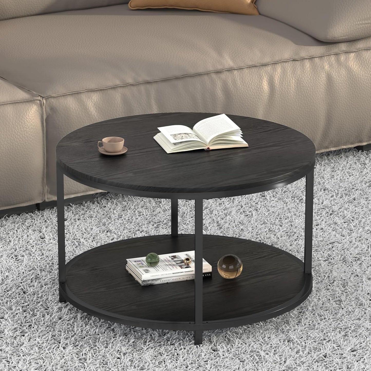 Round Coffee Table - 25.6" Small Rustic Wood Design with 2-Tier Storage Shelf for Living Room Furniture (Black)