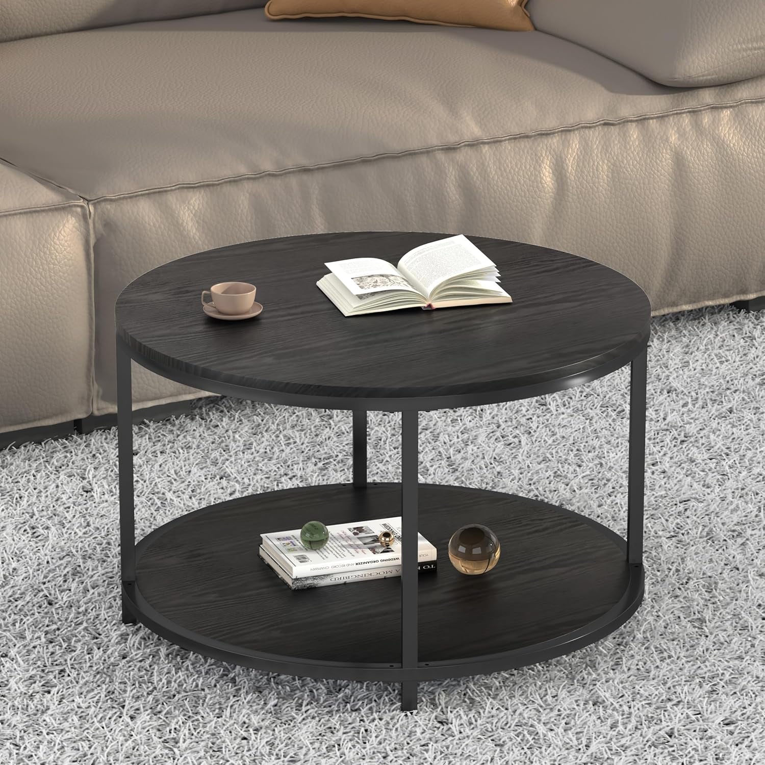 Round Coffee Table - 25.6" Small Rustic Wood Design with 2-Tier Storage Shelf for Living Room Furniture (Black)