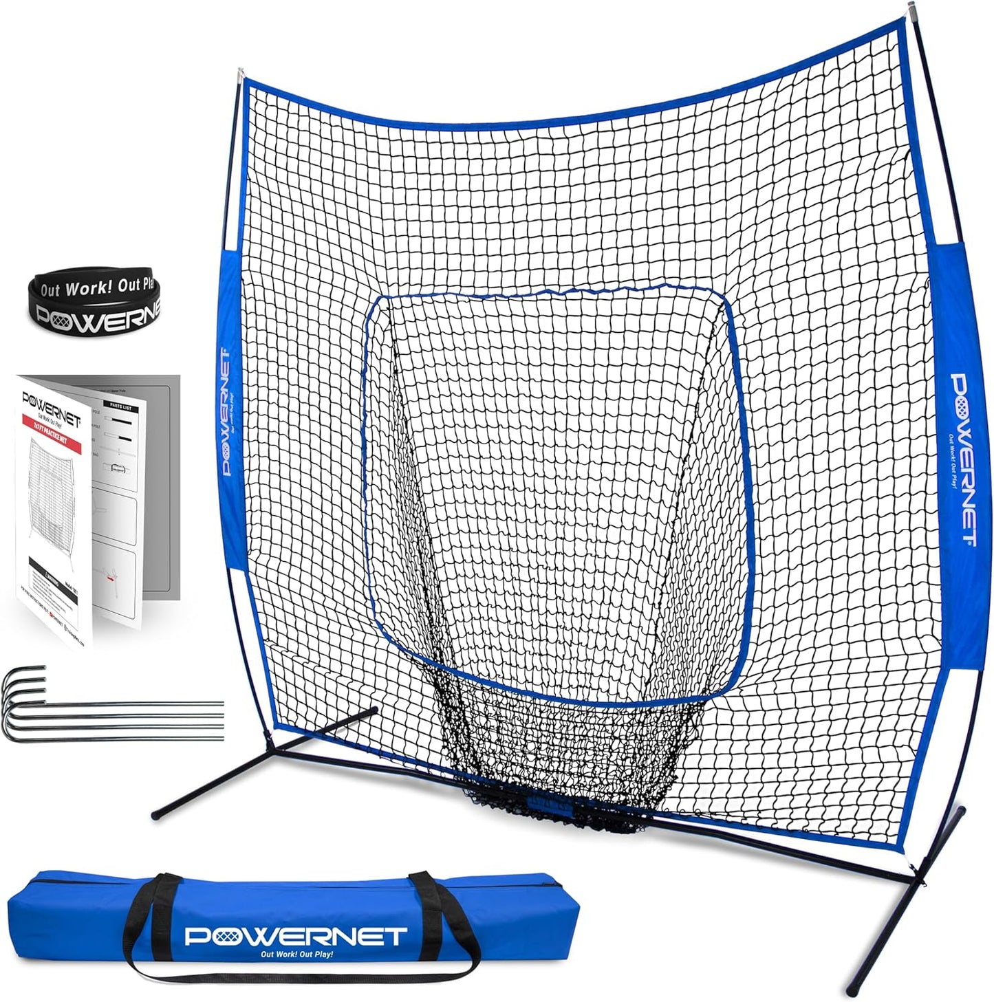 7x7 Baseball and Softball Practice Net with Accessories for Pitching, Batting, and Fielding, Including Ball Caddy, Weighted Baseballs, and Tee
