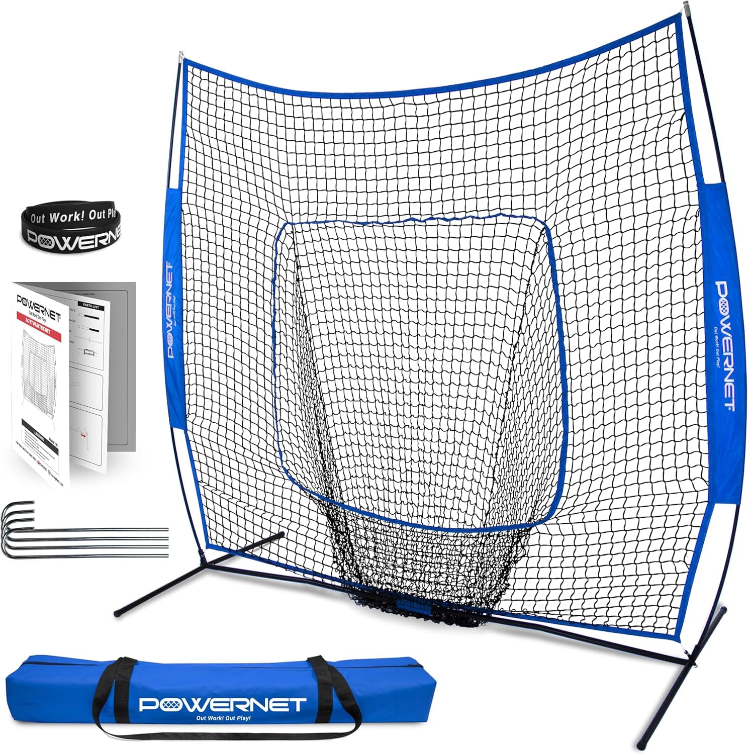 7x7 Baseball and Softball Practice Net with Accessories for Pitching, Batting, and Fielding, Including Ball Caddy, Weighted Baseballs, and Tee