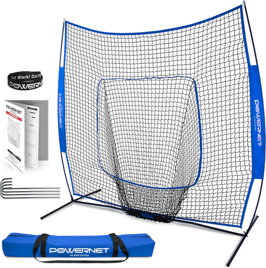 7x7 Baseball and Softball Practice Net with Accessories for Pitching, Batting, and Fielding, Including Ball Caddy, Weighted Baseballs, and Tee