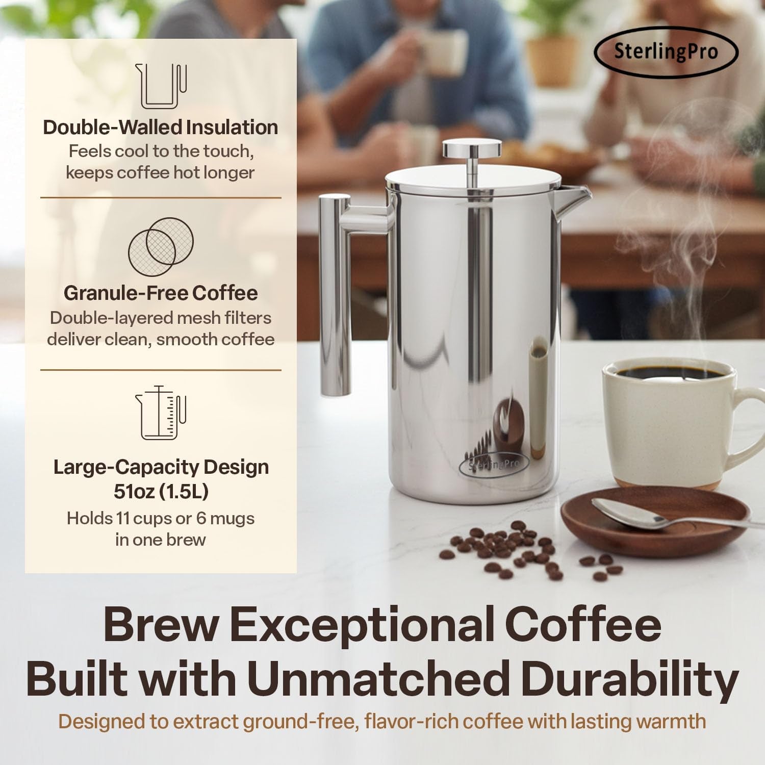 Stainless Steel French Press Coffee Maker Large 1.5 L(51 Oz) Mirror – Durable Double Walled Insulated Coffee Press Keeps Drinks Hot, Easy to Use and Clean Stylish Design for Rich Flavor