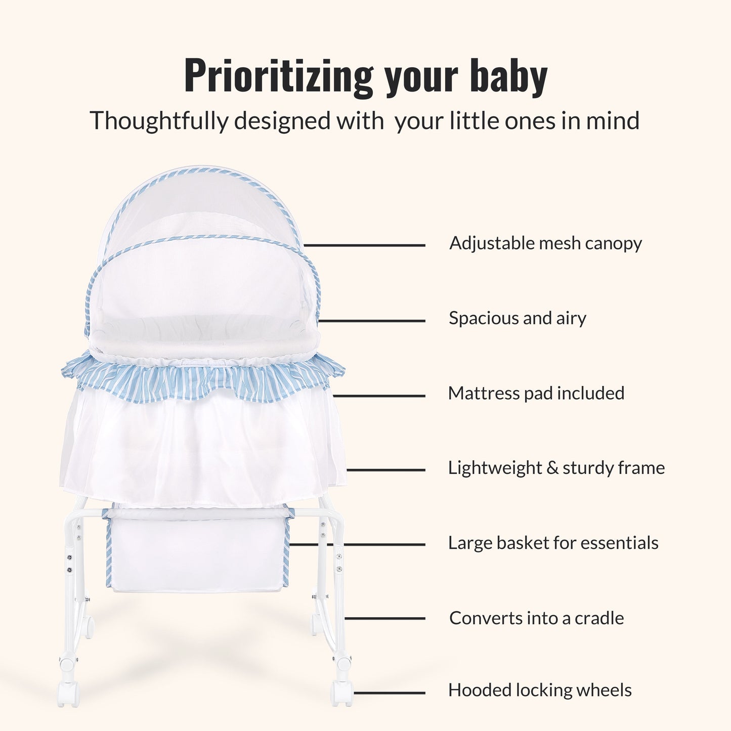 Lacy Lightweight Dual-Function Portable Bassinet and Cradle in Blue and White