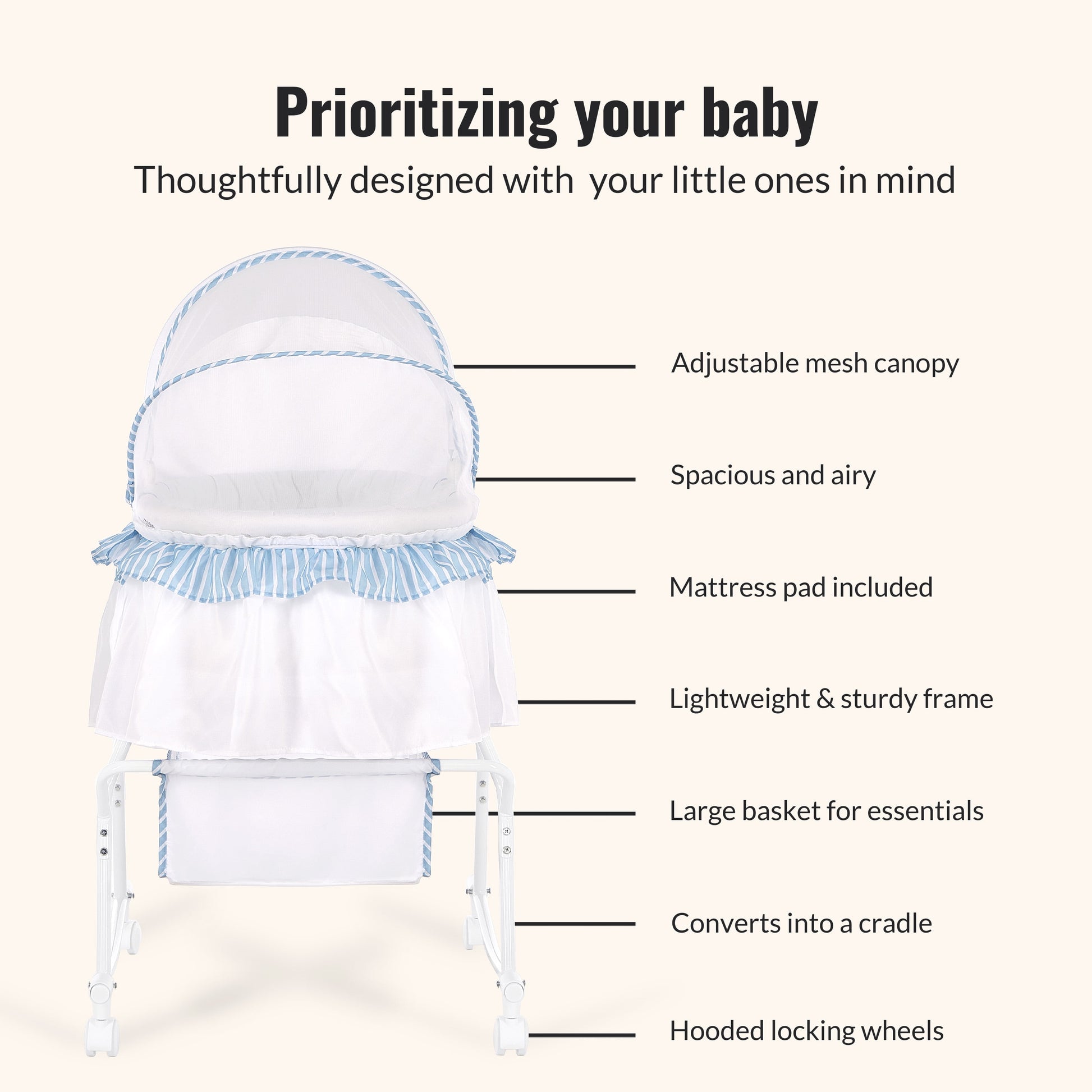 Lacy Lightweight Dual-Function Portable Bassinet and Cradle in Blue and White