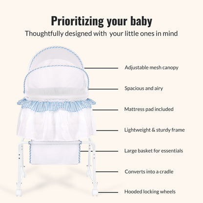 Lacy Lightweight Dual-Function Portable Bassinet and Cradle in Blue and White