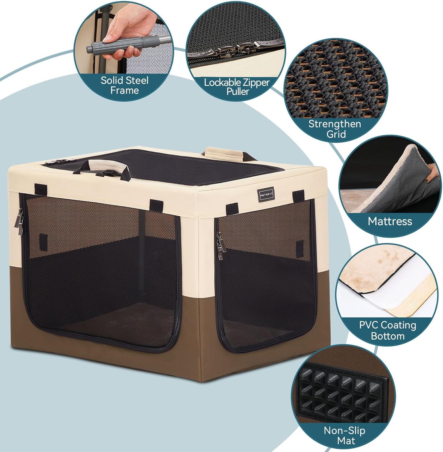 24" Indoor Soft Dog Crate – Adjustable Patented Spiral Steel Frame, Collapsible Portable Kennel for Home Use, Small Dogs, 3 Lockable Mesh Door, Thicken Mat, Brown