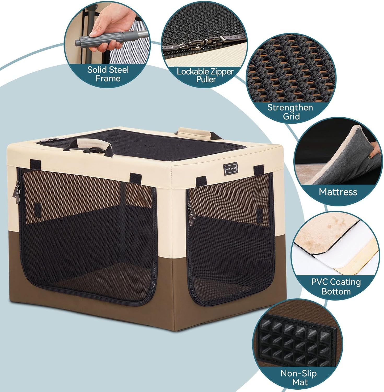 24" Indoor Soft Dog Crate – Adjustable Patented Spiral Steel Frame, Collapsible Portable Kennel for Home Use, Small Dogs, 3 Lockable Mesh Door, Thicken Mat, Brown