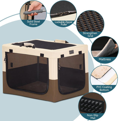 24" Indoor Soft Dog Crate – Adjustable Patented Spiral Steel Frame, Collapsible Portable Kennel for Home Use, Small Dogs, 3 Lockable Mesh Door, Thicken Mat, Brown