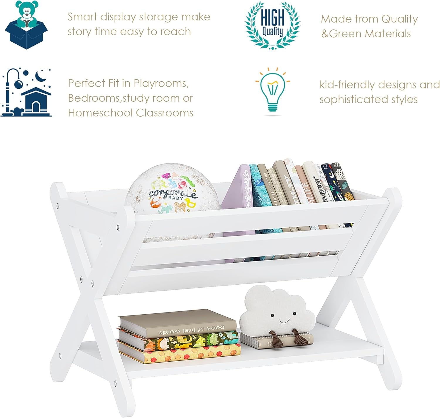 Children's Bookshelf with Caddy - Toddler Book Storage Organizer for Kids' Rooms, Nurseries, and Playrooms in White