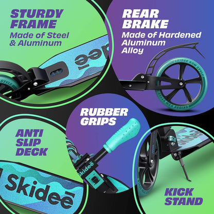 Adjustable Height Adult and Teen Scooter with Folding Design, Large Wheels, Lightweight Construction, Durable Anti-Shock Suspension, Supports up to 220 lbs