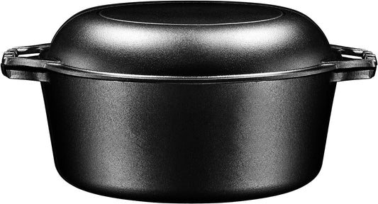 Pre-Seasoned Cast Iron Double Dutch Oven with Skillet Lid - 7 Quart All-In-One Casserole and Braising Pan - Heavy Duty and Oven Safe Black Cookware for Versatile Cooking - 14.7 X 6.9 Inches