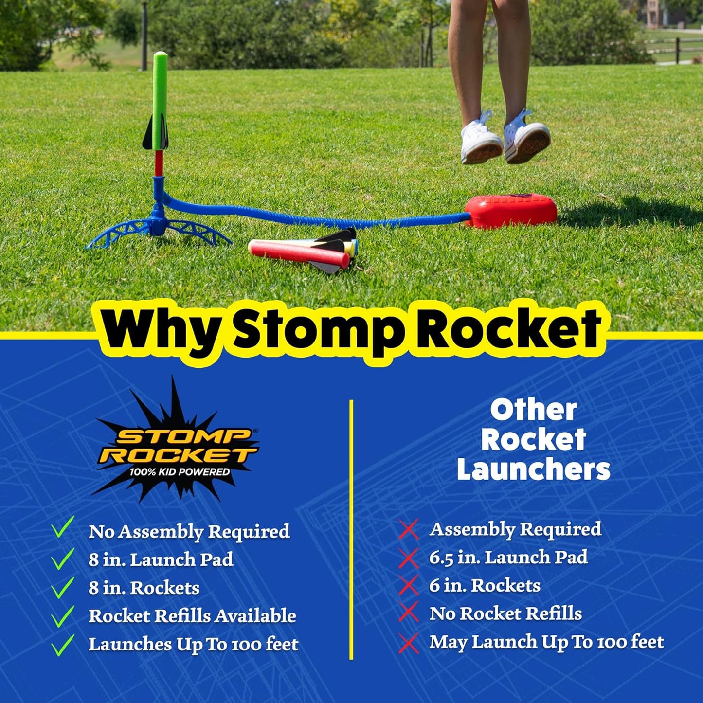 Junior Glow Rocket Launcher with 7 Glow-in-the-Dark Rockets - Outdoor Fun for Kids - Soft Foam Blaster Set with Adjustable Multi-Player Launcher Stand