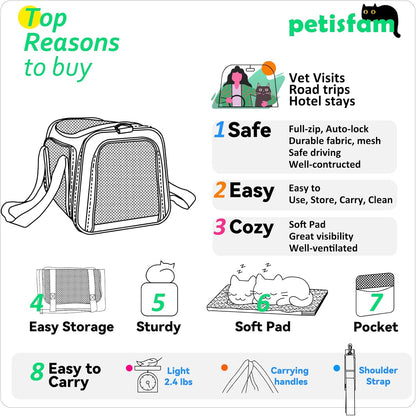 Top Load Cat Carrier Bag for Medium Cats and Small Dogs. Airline Approved, Collapsible, Escape Proof and Auto-Safe. Easy to Get Cat in and Make Vet Visit Less Stressful