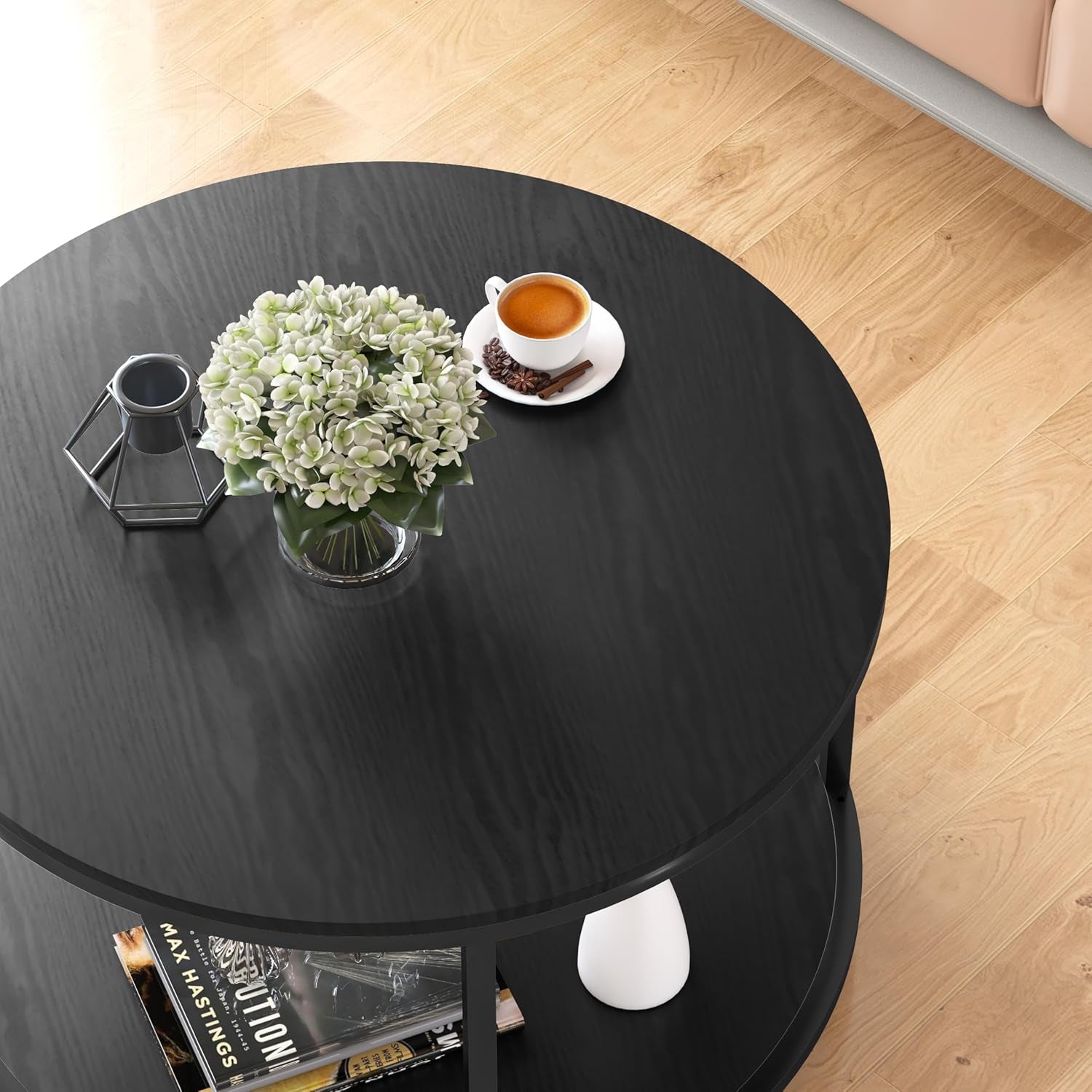 Round Coffee Table - 25.6" Small Rustic Wood Design with 2-Tier Storage Shelf for Living Room Furniture (Black)