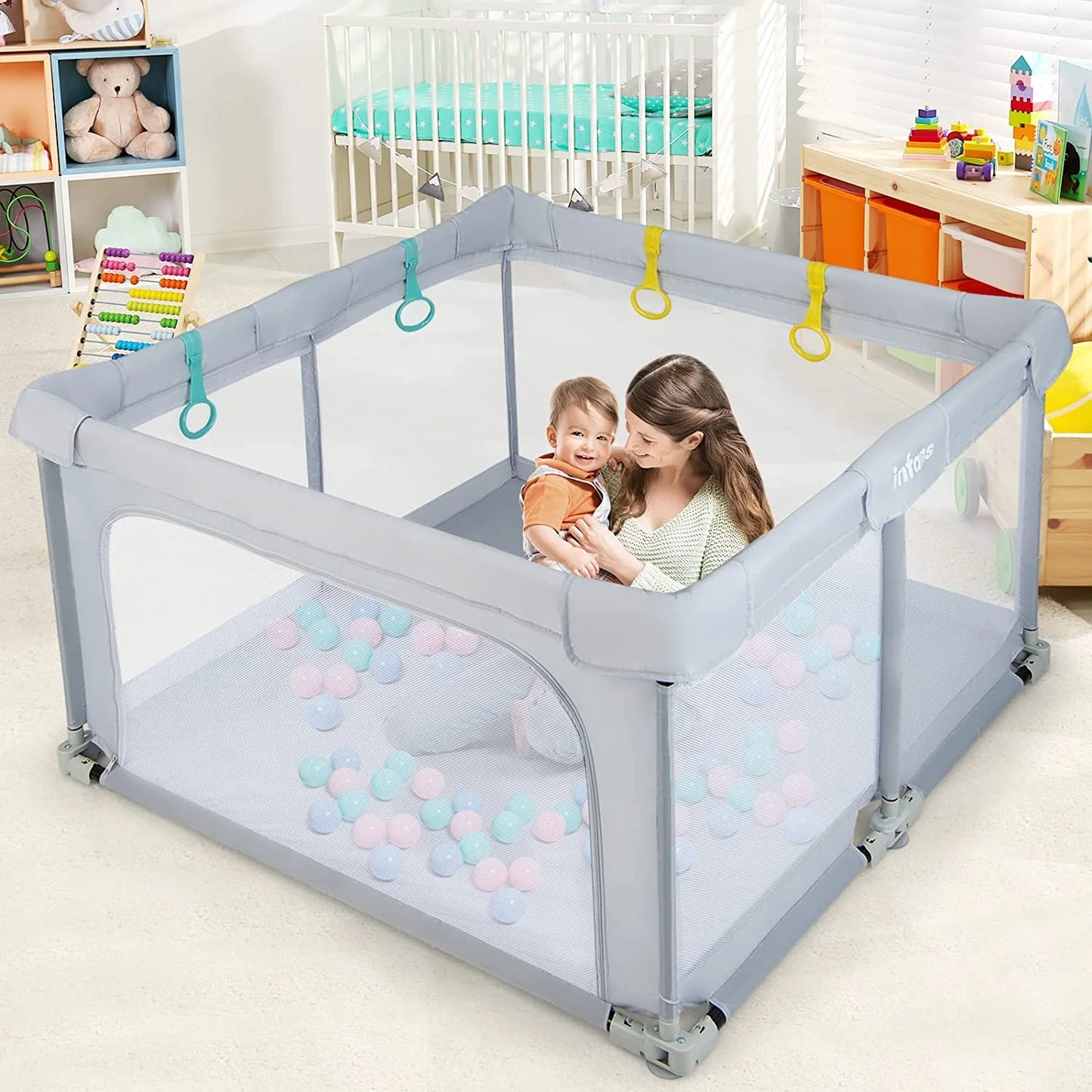 Large Foldable Baby Playpen, 50x50 Playard for Toddlers with Gate, Soft Mesh Design, Indoor/Outdoor Activity Center with 4 Handles and 50 Ocean Balls (Gray)