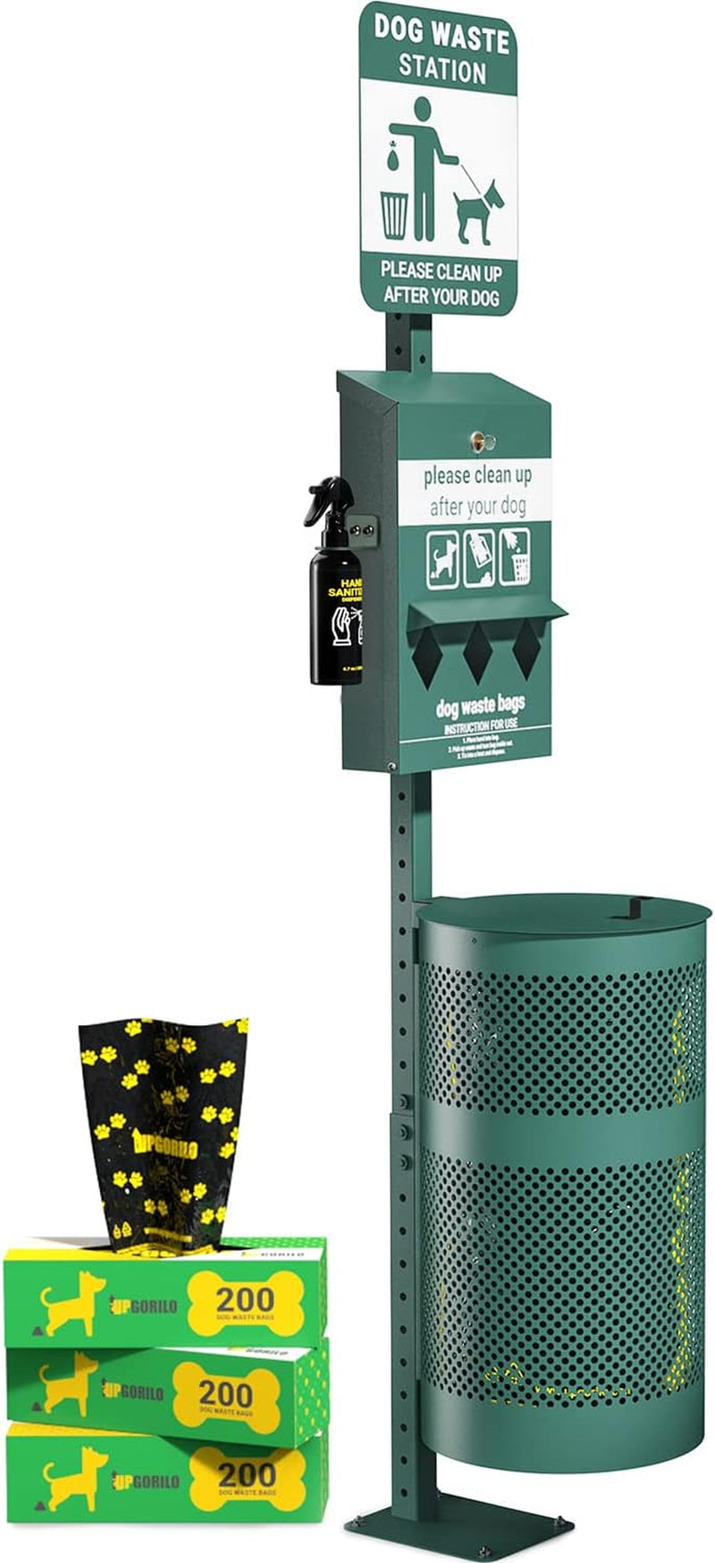 Pet Waste Station - Includes 600 Roll Bags & 50 Can Liners - Original Glow in the Dark Dog Waste Station with Dog Poop Sign, Bag Dispenser, Hand Sanitizer Bottle & Outdoor Trash Can with Lid