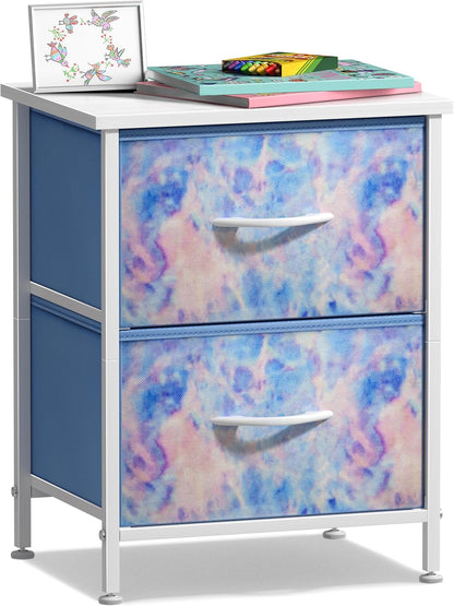 Kids Nightstand with Two Drawers - Steel Frame and Wood Top End Table with Fabric Bins - Versatile Dresser and Chest for Home, Bedroom, Office, and College Dorm