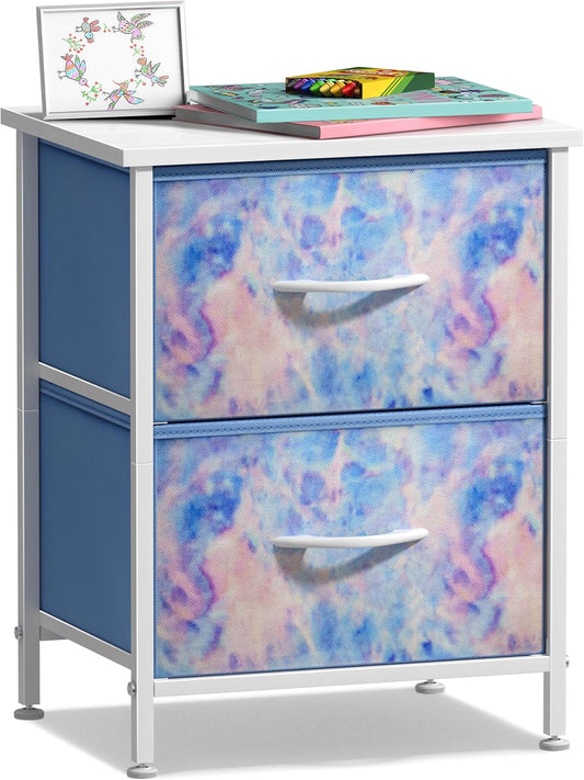 Kids Nightstand with Two Drawers - Steel Frame and Wood Top End Table with Fabric Bins - Versatile Dresser and Chest for Home, Bedroom, Office, and College Dorm