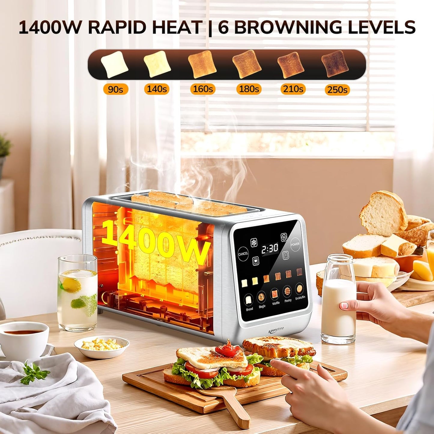 Toaster 4 Slice, Digital Smart Toaster with Touchscreen, Memory Function, Single Slot Toasting, Timer, Reheat & Defrost for Bagels, Bread, Waffles, Muffin, Stainless Steel Kitchen Essentials
