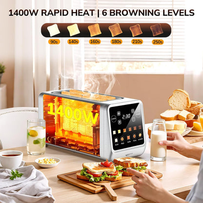 Toaster 4 Slice, Digital Smart Toaster with Touchscreen, Memory Function, Single Slot Toasting, Timer, Reheat & Defrost for Bagels, Bread, Waffles, Muffin, Stainless Steel Kitchen Essentials