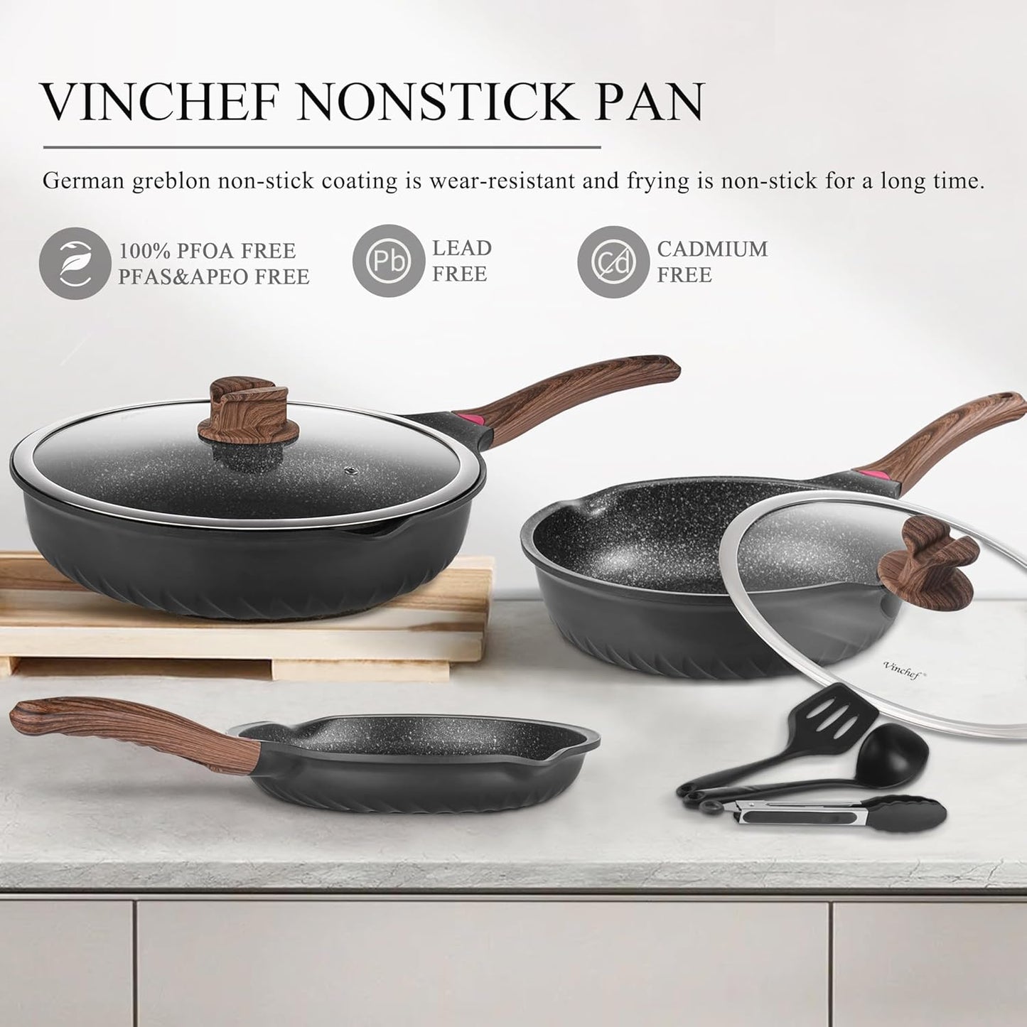 Pots and Pans Set, 12Pcs Nonstick Induction Kitchen Cookware Sets with Stay-Cool Handles, Frying Pans and Saute Pan with Lid, Silicone Cooking Utensil Sets and Pot Protectors, PFAS, PFOA Free