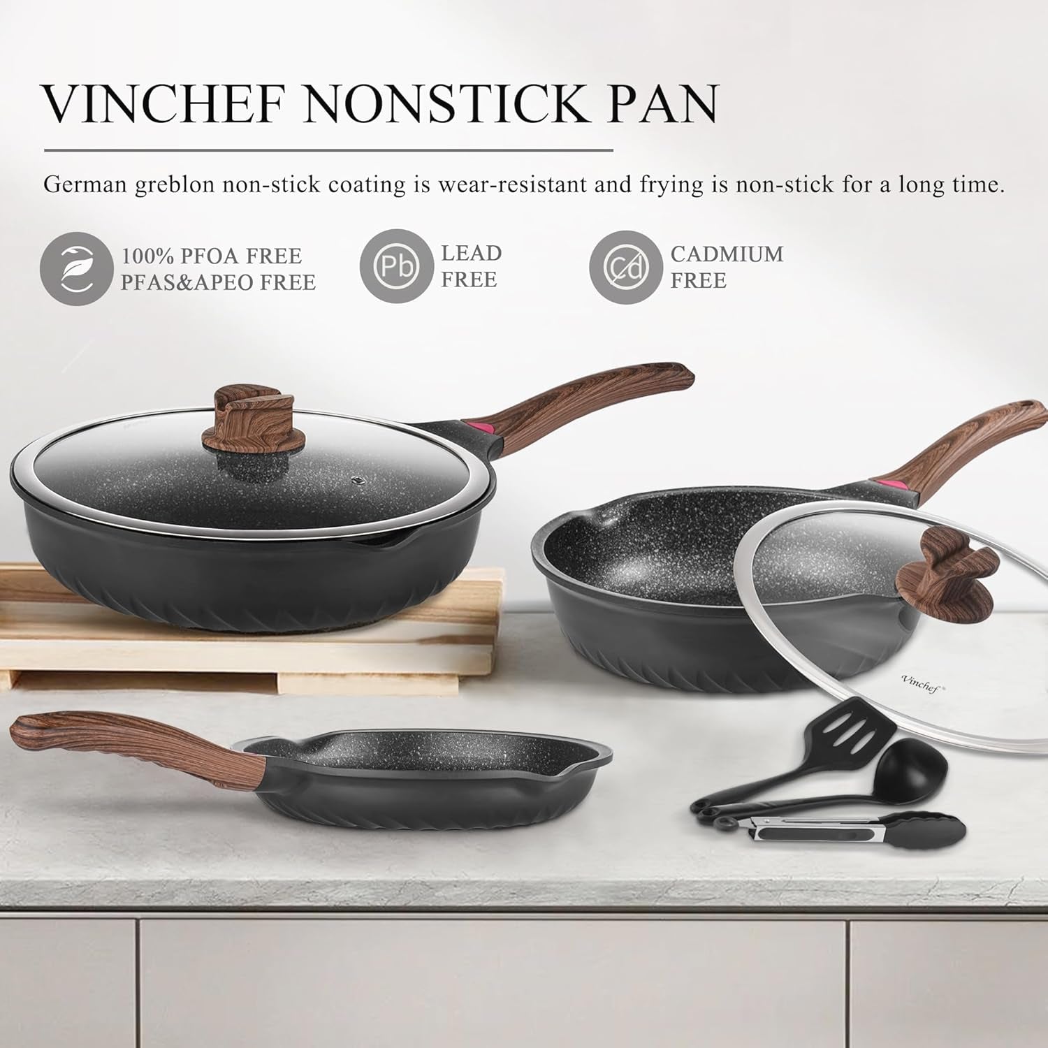 Pots and Pans Set, 12Pcs Nonstick Induction Kitchen Cookware Sets with Stay-Cool Handles, Frying Pans and Saute Pan with Lid, Silicone Cooking Utensil Sets and Pot Protectors, PFAS, PFOA Free