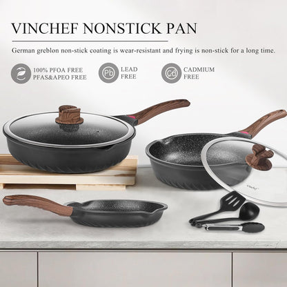 Pots and Pans Set, 12Pcs Nonstick Induction Kitchen Cookware Sets with Stay-Cool Handles, Frying Pans and Saute Pan with Lid, Silicone Cooking Utensil Sets and Pot Protectors, PFAS, PFOA Free