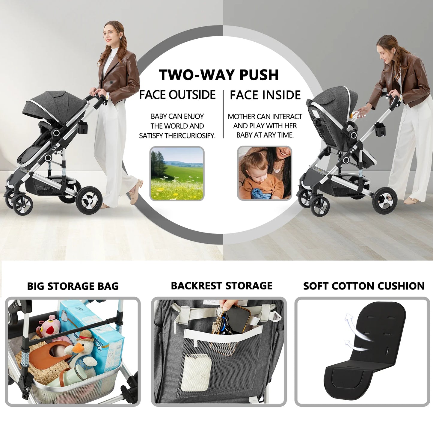 Convertible 3-in-1 Baby Stroller with Spacious Seating and Adjustable Canopy, 24 lbs, Dark Grey