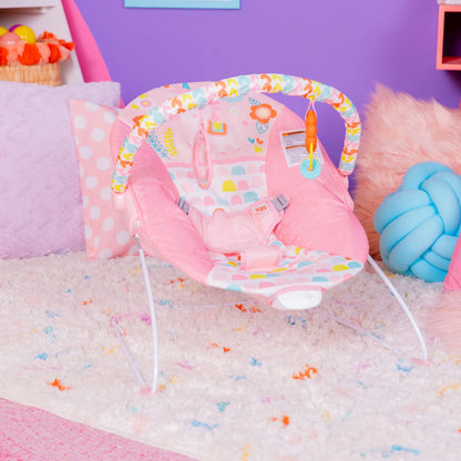 Infant Vibrating Bouncer Featuring Fantasy Unicorn Design and Toy Accessories