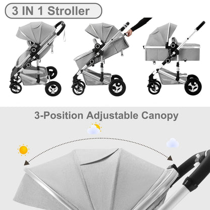 3-in-1 Convertible Baby Stroller with Spacious Seating, Adjustable Canopy, and Lightweight Design in Light Grey