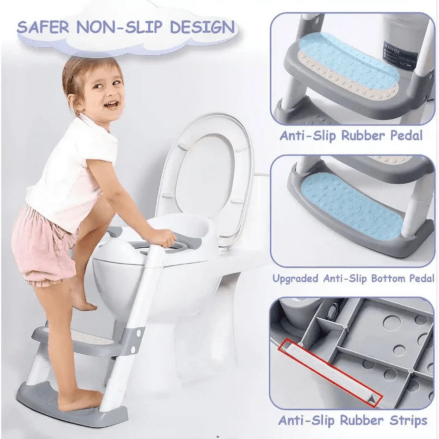 Potty Training Seat with Adjustable Step Stool Ladder, Foldable Design with Safety Handles for Toddlers (Gray)