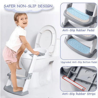 Potty Training Seat with Adjustable Step Stool Ladder, Foldable Design with Safety Handles for Toddlers (Gray)