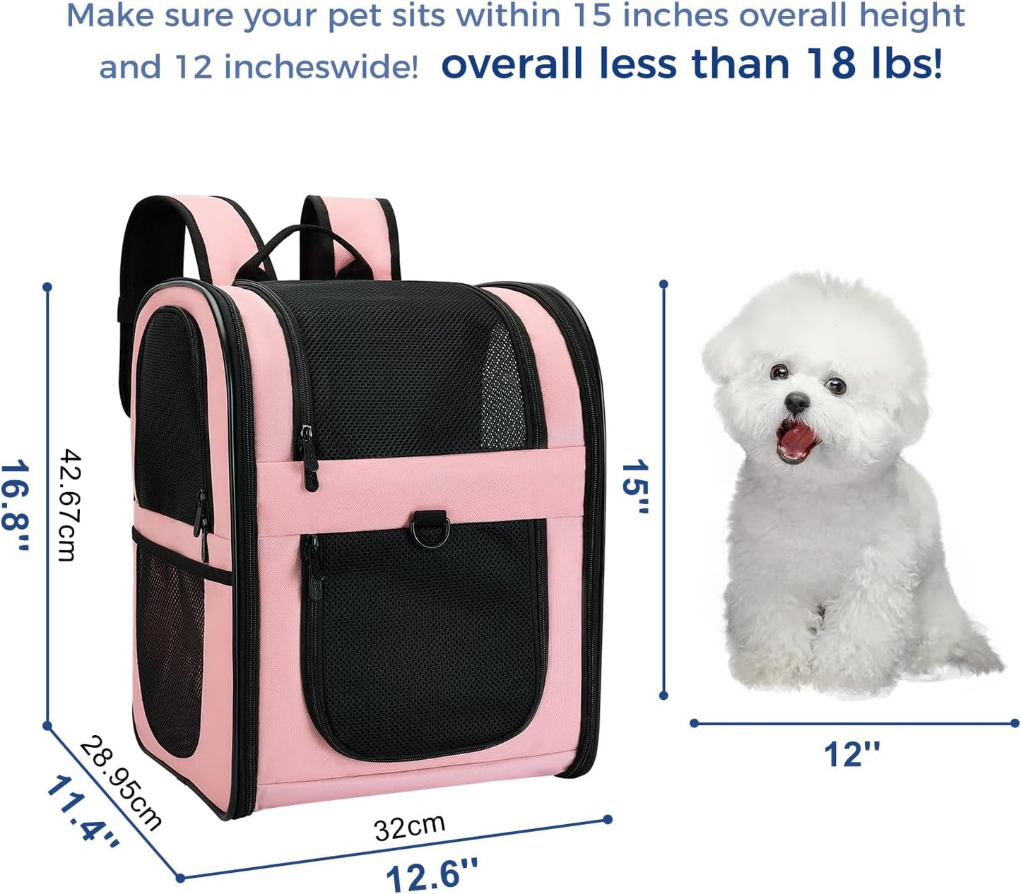 Dog & Cat Carrier Backpack for 4-18Lb Pets - Ventilated Safe Design with Padded Back Support, Breathable Mesh Pet Backpack for Hiking, Travel, Outdoor (Pink)