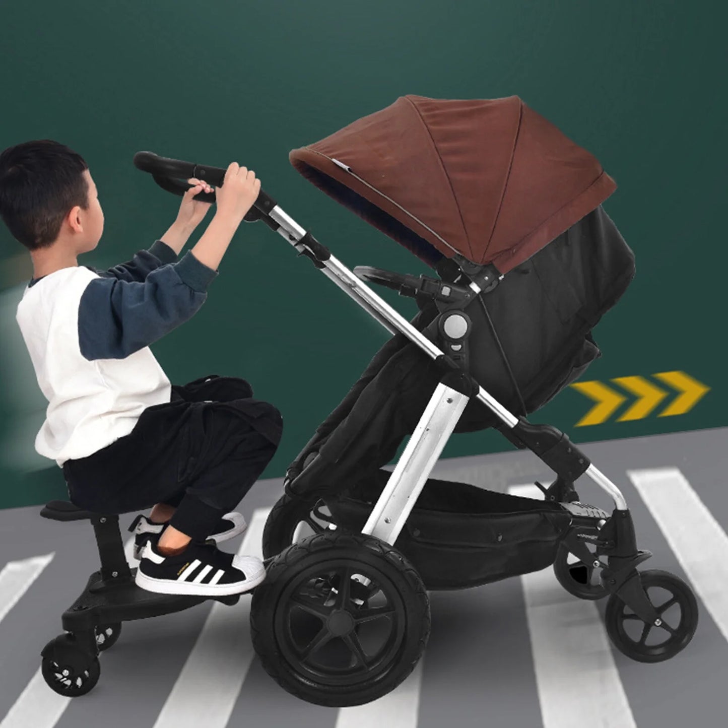 Universal Stroller Board 2-in-1 Ride Board with Seat and Auxiliary Pedal Adapter for Pushchairs - Anti-Slip Design and 55 lbs Load Capacity