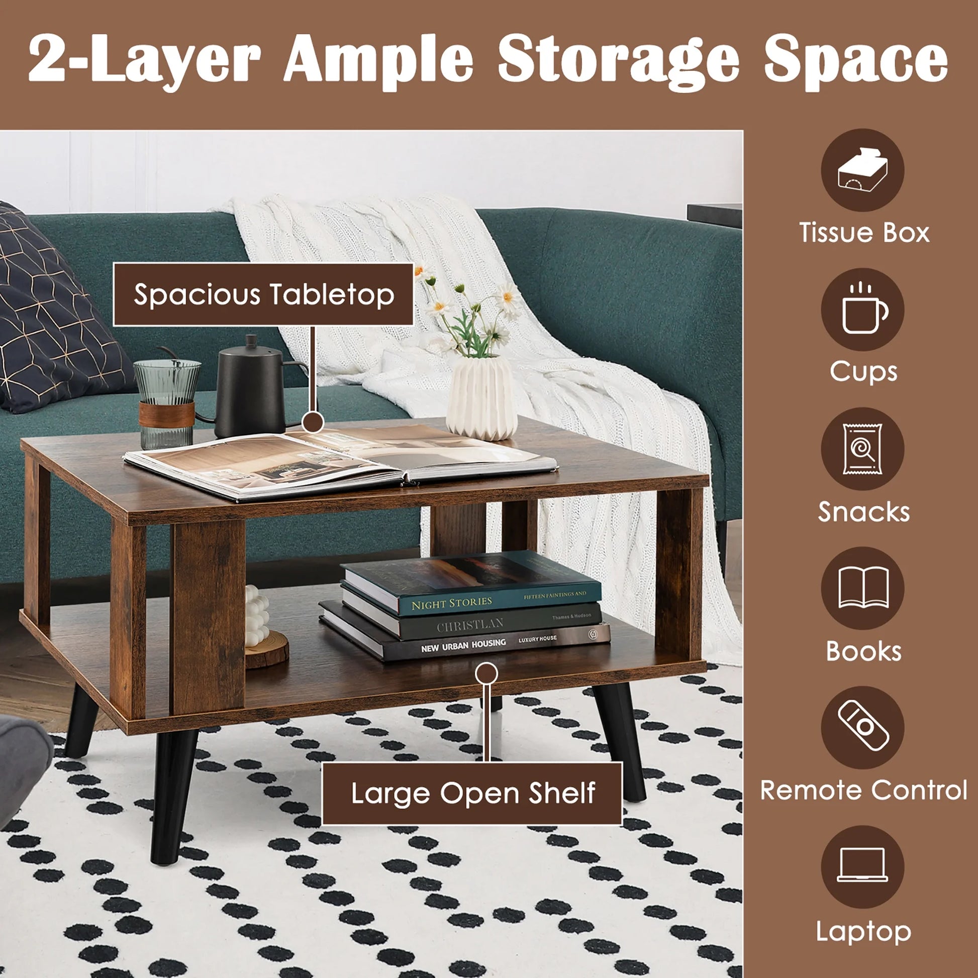 Mid-Century Retro Coffee Table with Open Shelf Storage for Living Room