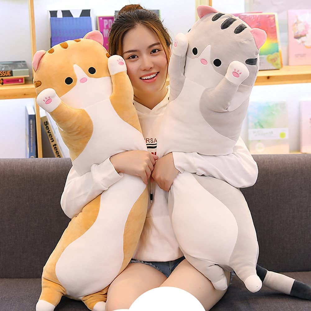 Long Body Cat Plush Pillow - Soft Cartoon Stuffed Animal Doll, Ideal Gift for Kids and Girls (Orange, 19")