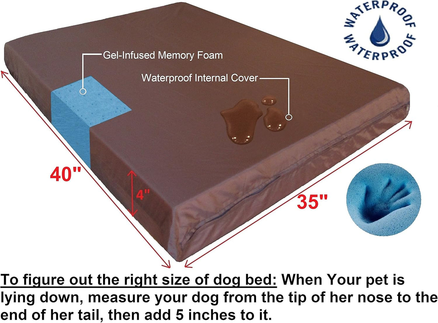 Luxury Extra Large Orthopedic Memory Foam Dog Bed for Large Dogs with Durable Waterproof Internal Case, Removable Washable Denim Cover and Extra Bonus Pet Bed Cover, XL 40X35X4, Brown