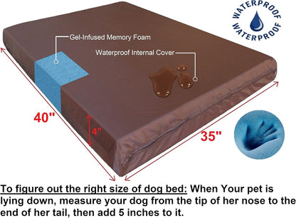 Luxury Extra Large Orthopedic Memory Foam Dog Bed for Large Dogs with Durable Waterproof Internal Case, Removable Washable Denim Cover and Extra Bonus Pet Bed Cover, XL 40X35X4, Brown