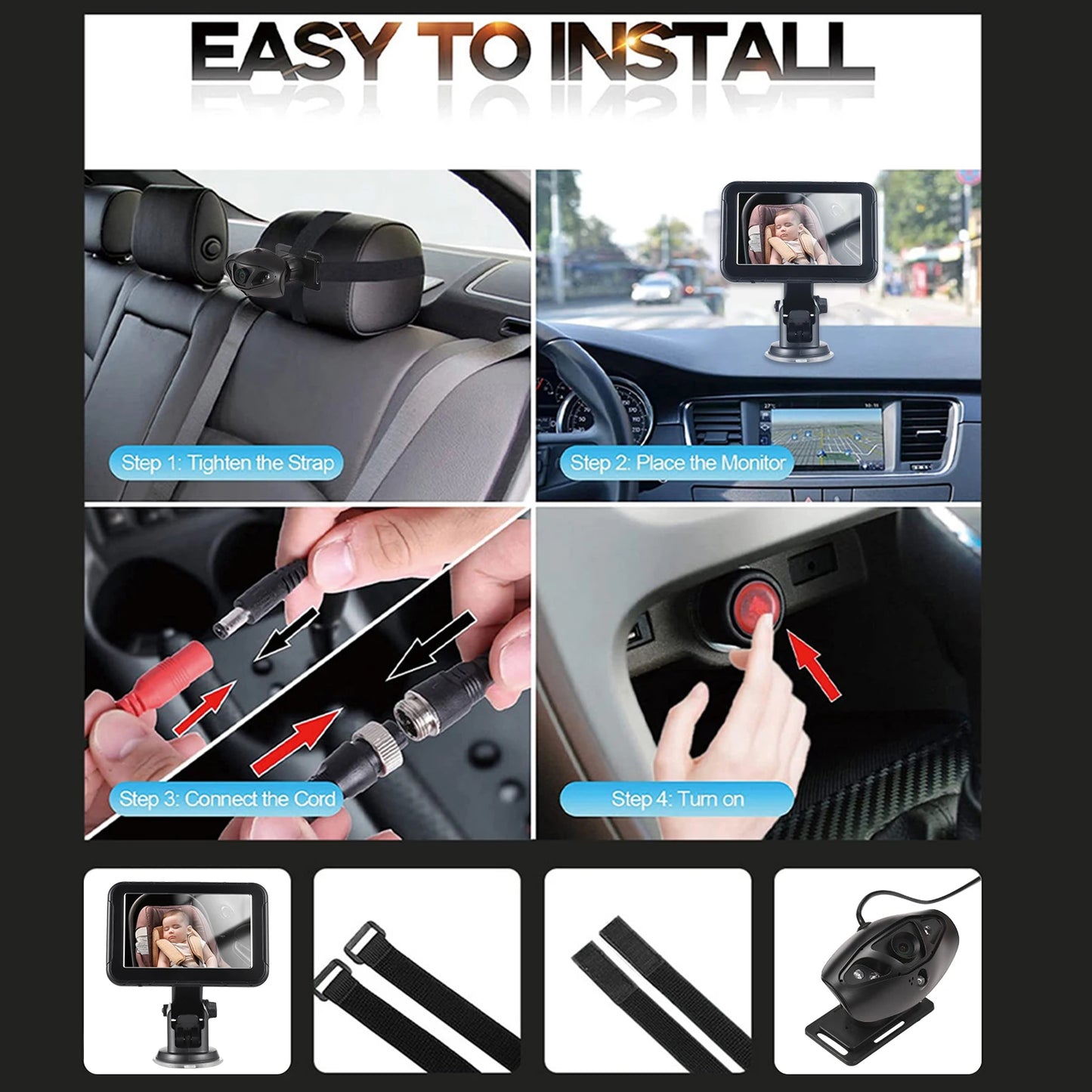 High-Definition 1080P Baby Car Monitor with 150° Wide-Angle View and Night Vision for Rear-Facing Seats