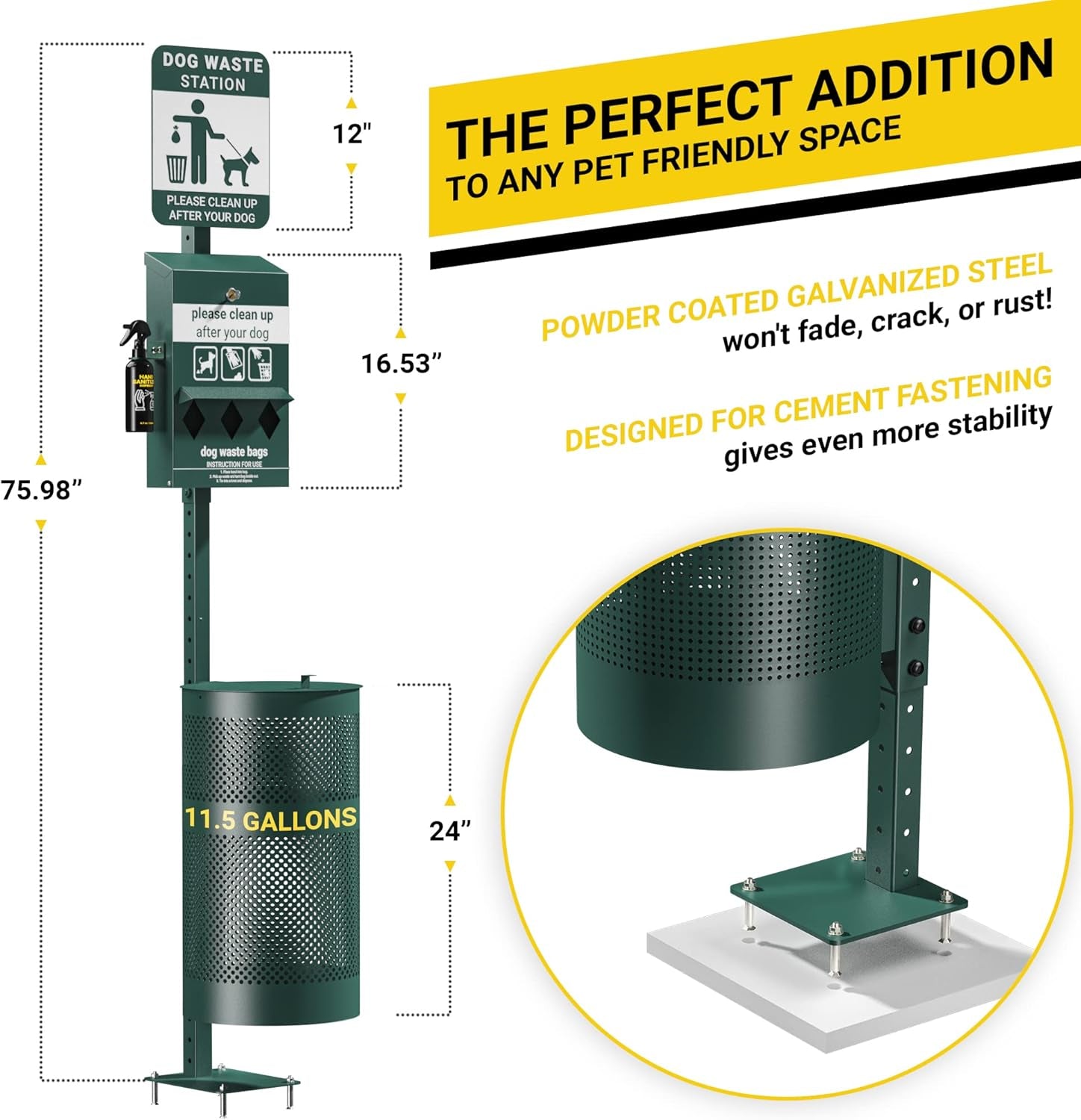 Pet Waste Station - Includes 600 Roll Bags & 50 Can Liners - Original Glow in the Dark Dog Waste Station with Dog Poop Sign, Bag Dispenser, Hand Sanitizer Bottle & Outdoor Trash Can with Lid