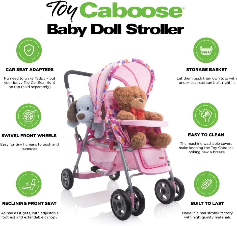 Deluxe Baby Doll Stroller Caboose with Reclining Front Seat, Adjustable Footrest, Storage Basket, Extendable Canopy, and Snack Tray - Accommodates Up to 3 Dolls (Pink Dot)