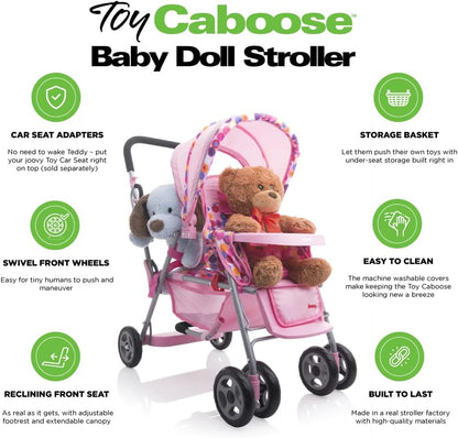 Deluxe Baby Doll Stroller Caboose with Reclining Front Seat, Adjustable Footrest, Storage Basket, Extendable Canopy, and Snack Tray - Accommodates Up to 3 Dolls (Pink Dot)