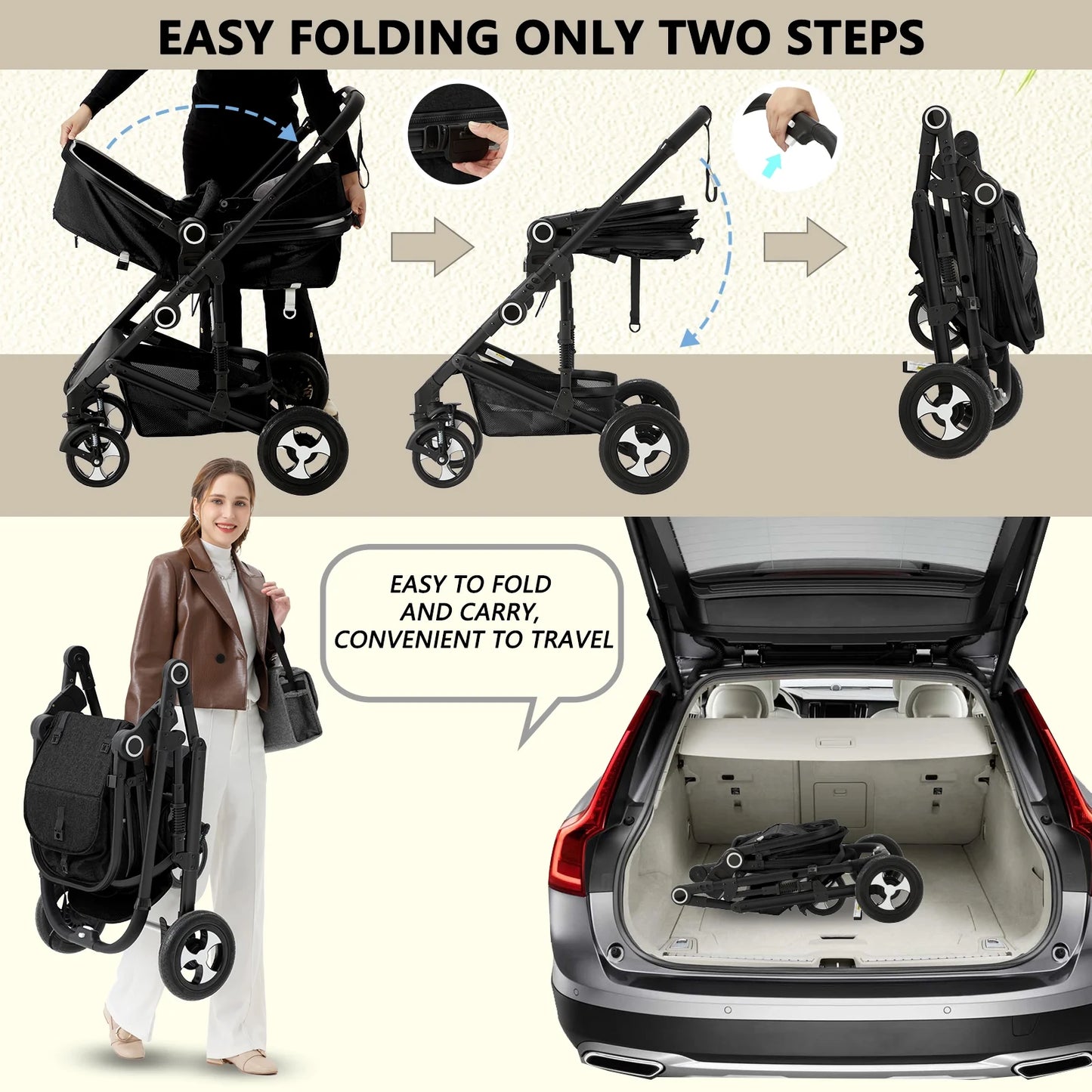 3-in-1 Convertible Baby Stroller with Generous Seating and Adjustable Canopy, 24 lbs, Black