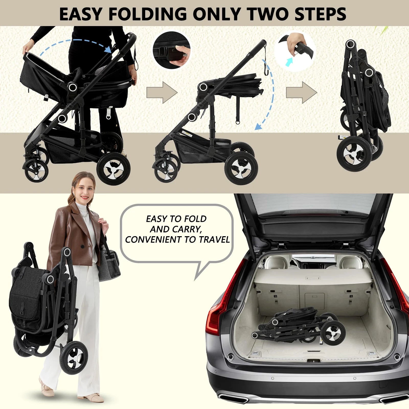 3-in-1 Convertible Baby Stroller with Generous Seating and Adjustable Canopy, 24 lbs, Black