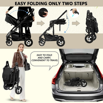 3-in-1 Convertible Baby Stroller with Generous Seating and Adjustable Canopy, 24 lbs, Black
