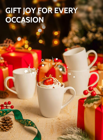 Porcelain White Coffee Mugs - 12 Ounce - Set of 6, Coffee Cups for Latte, Hot Tea, Cappuccino, Mocha, Cocoa, Festival Gift, Microwave Safe ﻿