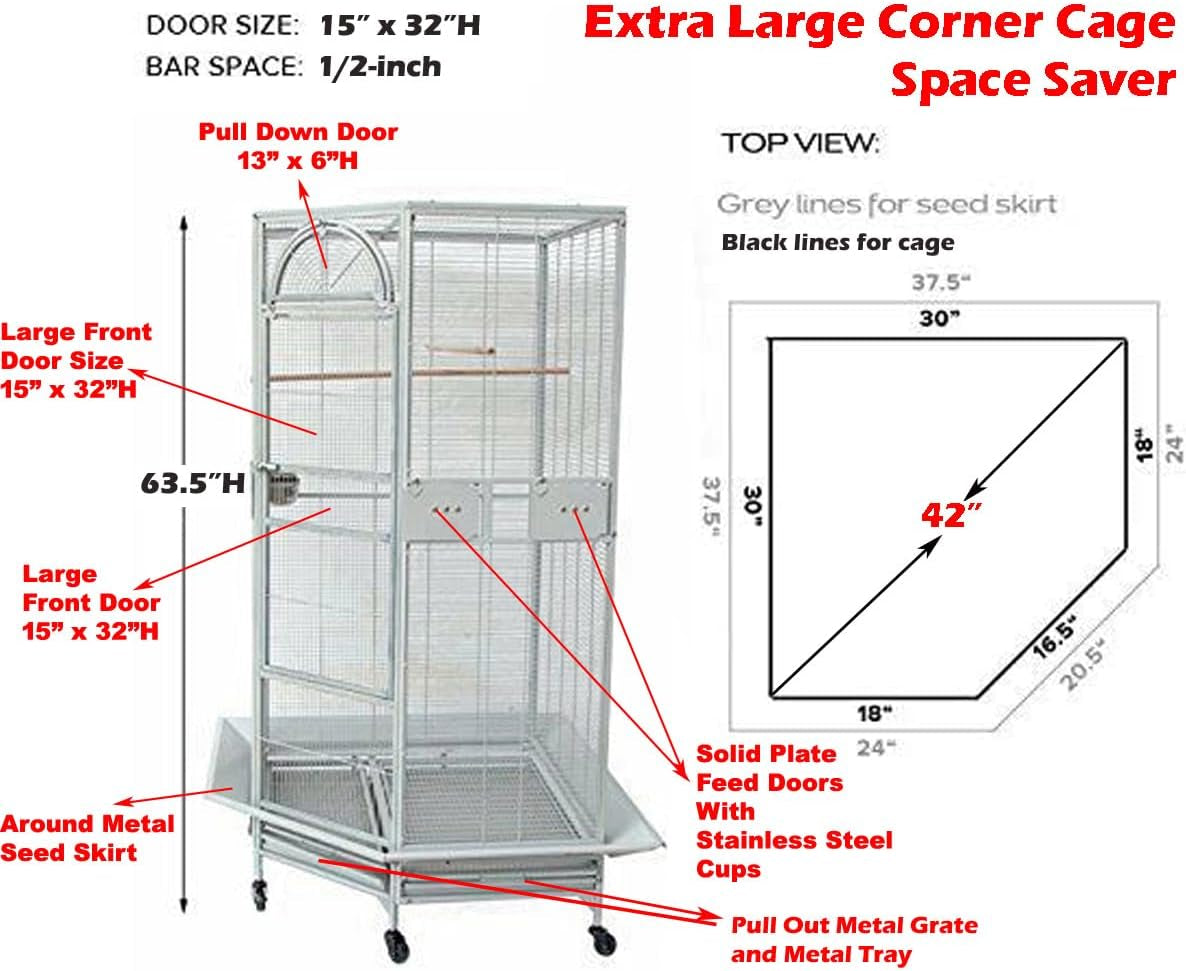 Extra Large Corner Flight Bird Rolling Cage for Cockatiel Aviary Canary Parakeet Budgies Parrot with Metal Seed Skirts