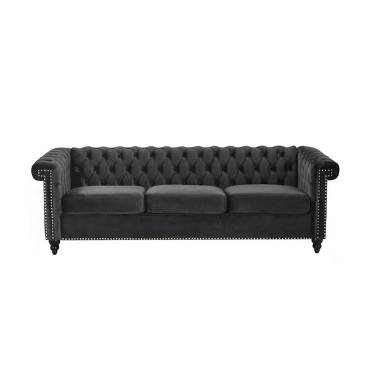 Zyiere Tufted Chesterfield Three-Seater Sofa in Black Velvet and Dark Brown